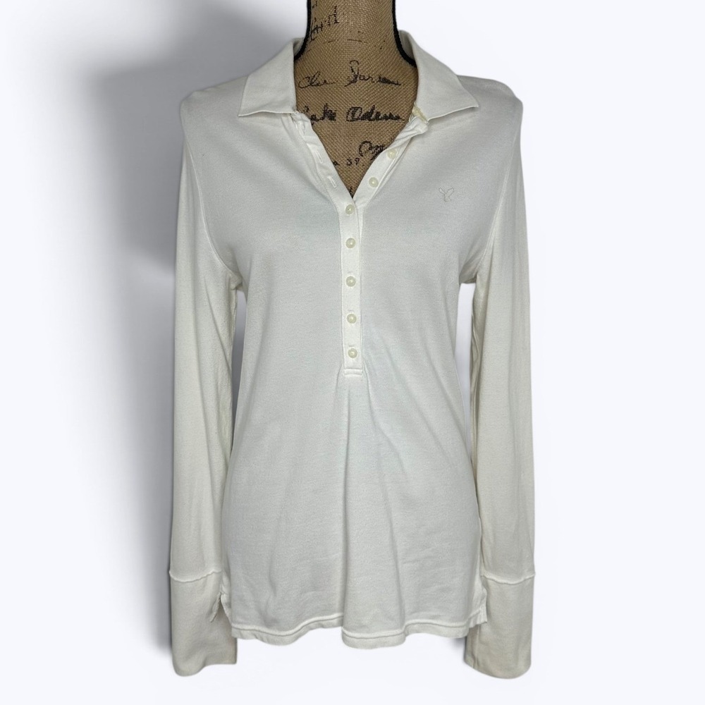 Vintage American Eagle Long Sleeve Polo Shirt Cream Wide Cuff Preppy Y2K Sz XL